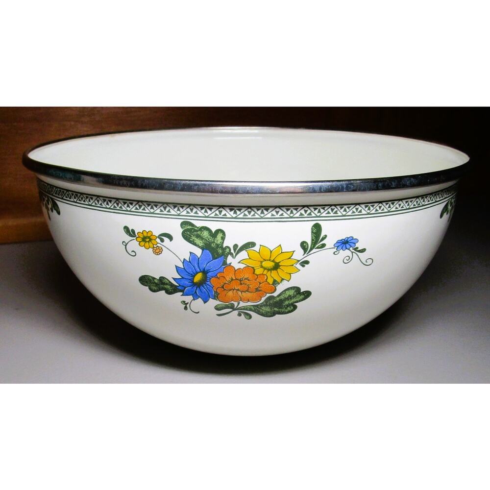 White Enameled 10 Cup Mixing Bowl Colorful Floral Pattern Food Prep Serveware